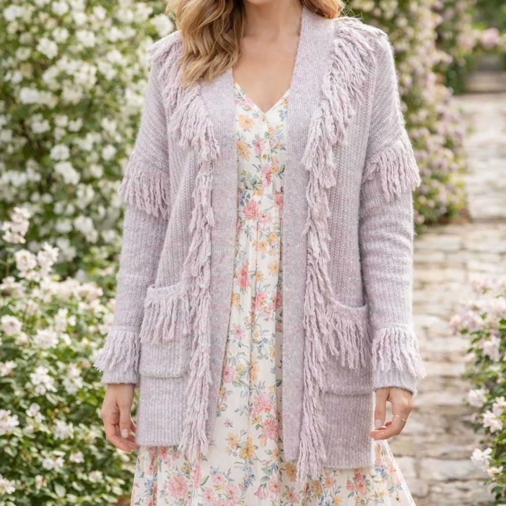 Rebecca Minkoff Berea Fringe Cardigan Sweater Purple Lilac Mohair Wool Small Q1